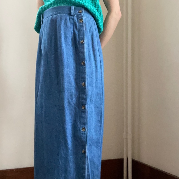 Vintage High Waisted Long Denim Skirt with Side Button Band - Picture 2 of 14